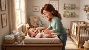 Parent changing a baby on a changing mat with a hand on the baby and supplies within reach, for a step-by-step guide on how to change a diaper