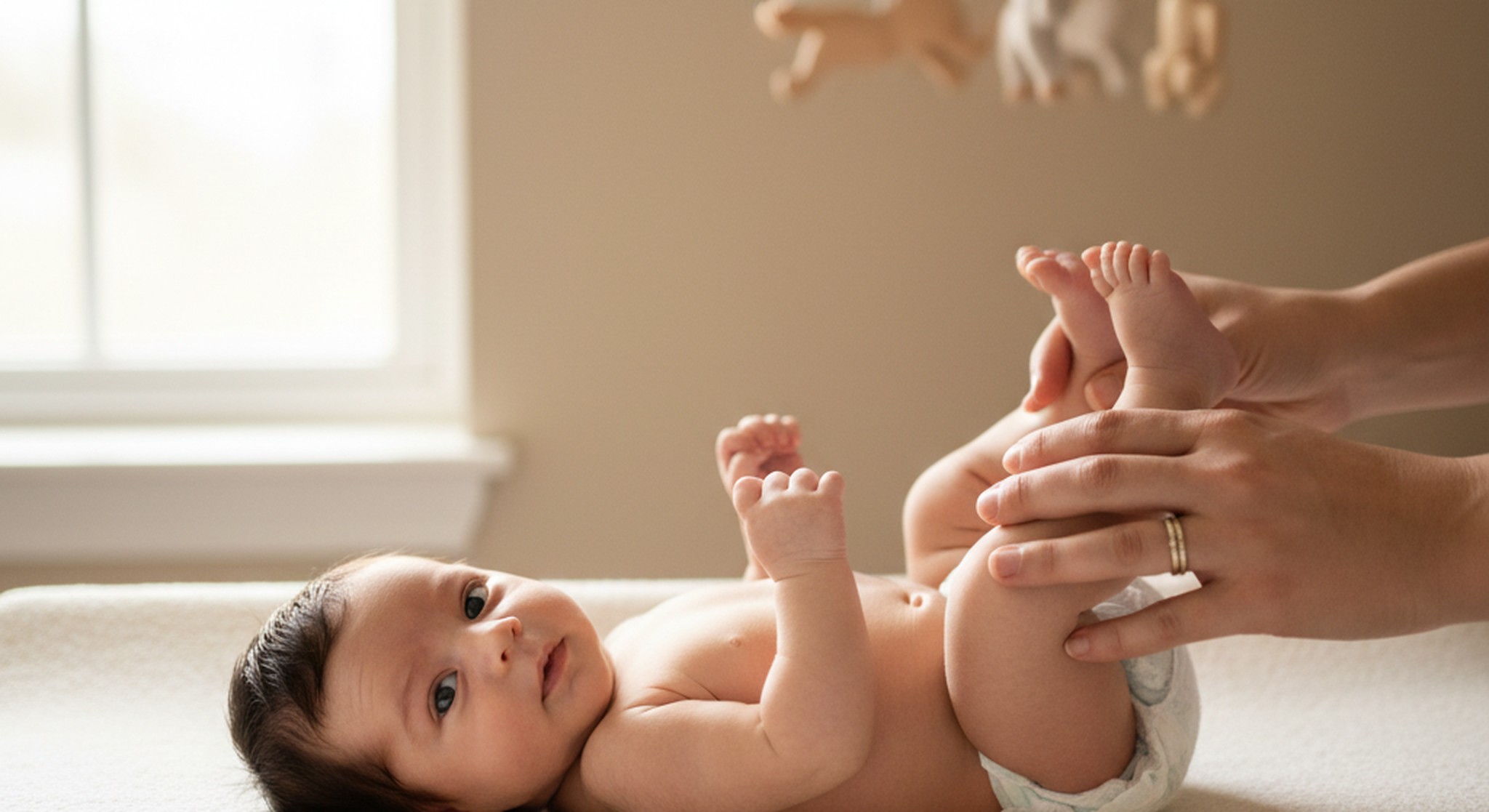 A parent gently bicycling a calm newborn's legs on a changing mat