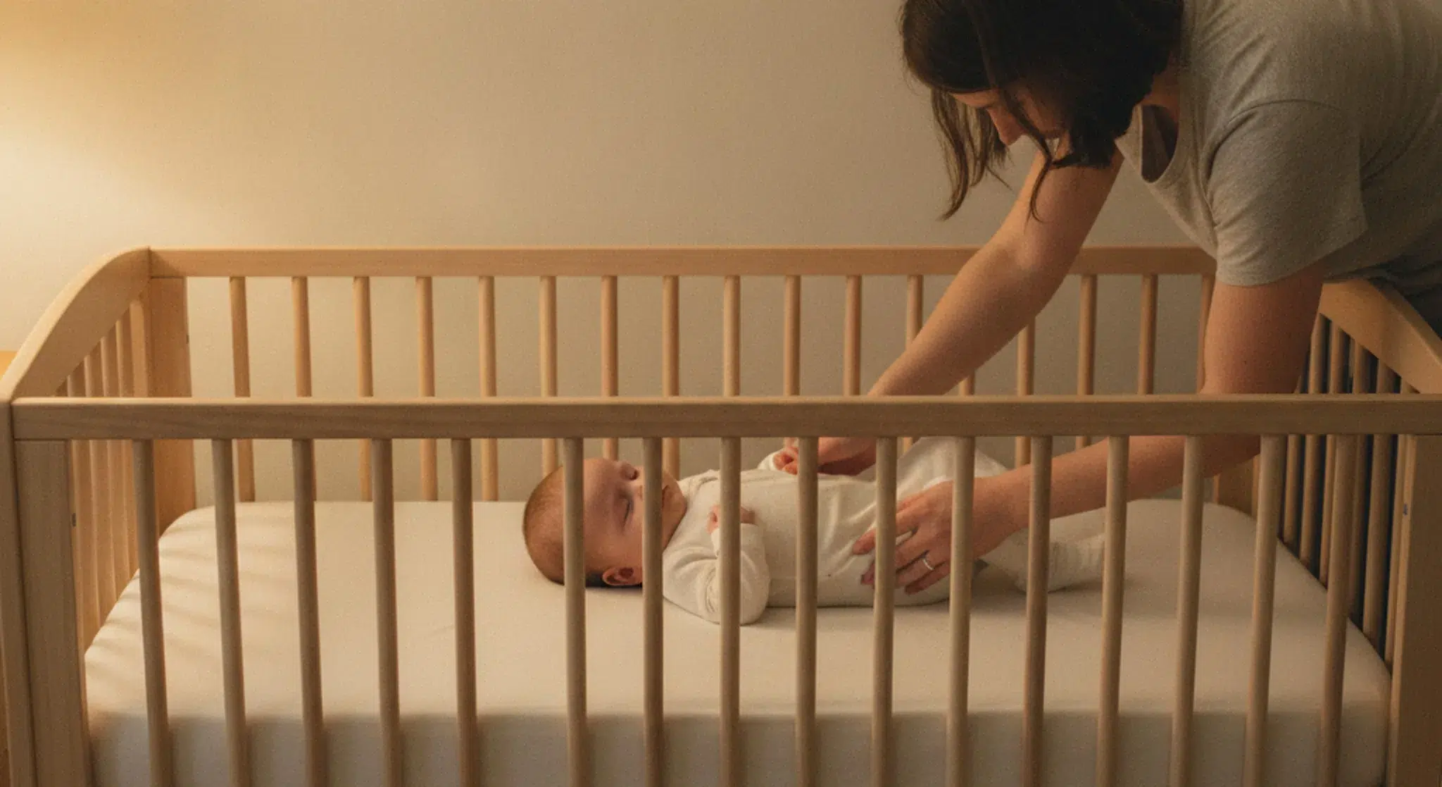 A parent gently lowering a drowsy baby onto their back in a bare crib in a calm nursery
