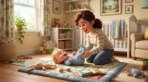 Parent gently bicycling a happy baby&rsquo;s legs on a play mat to relieve gas, for a guide on how to relieve baby gas