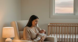 A parent singing a lullaby to a calm baby in a softly lit nursery