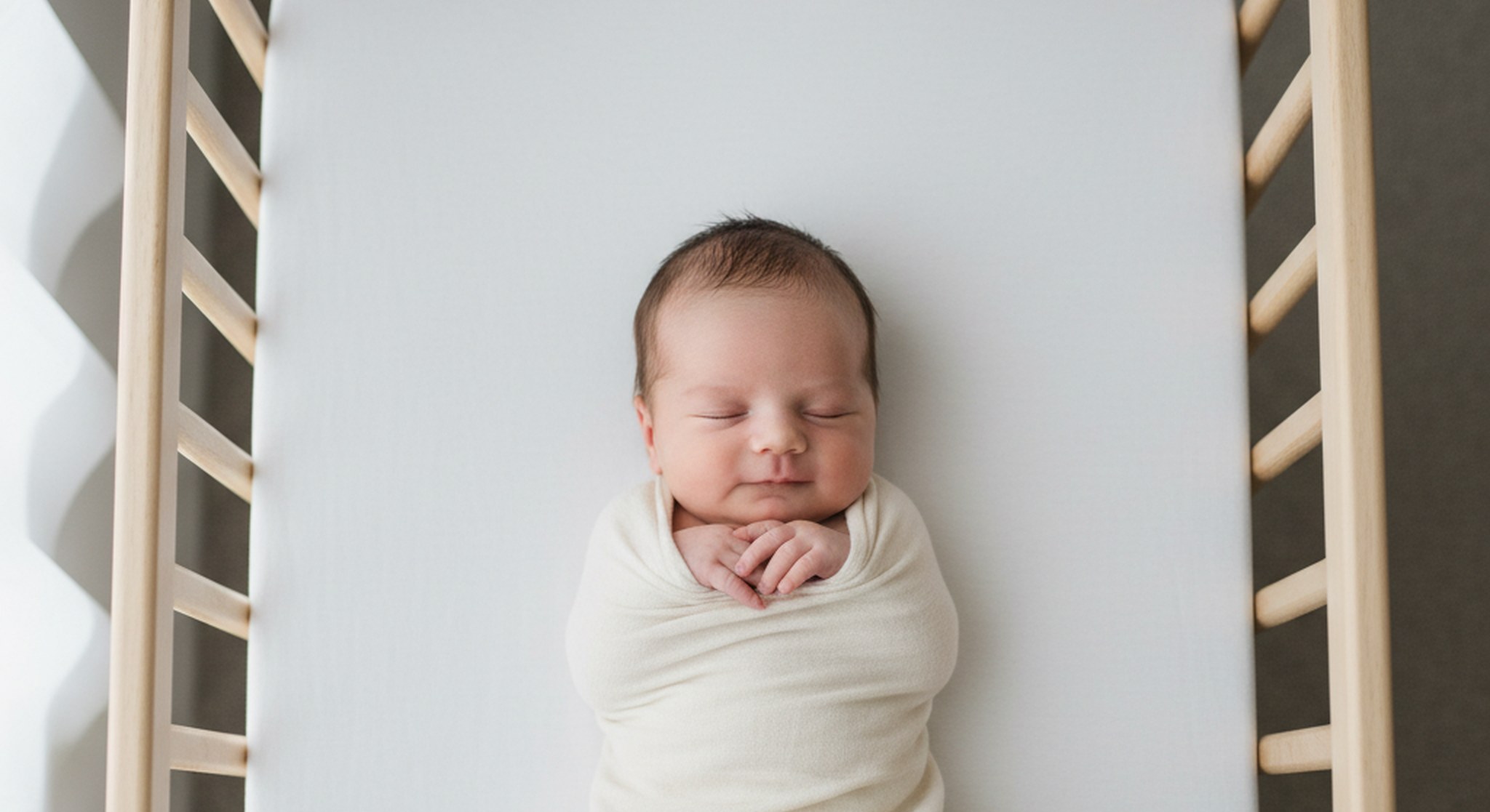 Newborn Sleep Schedule Week by Week | Betteroo Swaddled newborn sleeping on their back in a bare safe crib