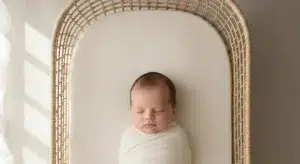 Newborn sleeping safely on their back, swaddled in a bare bassinet