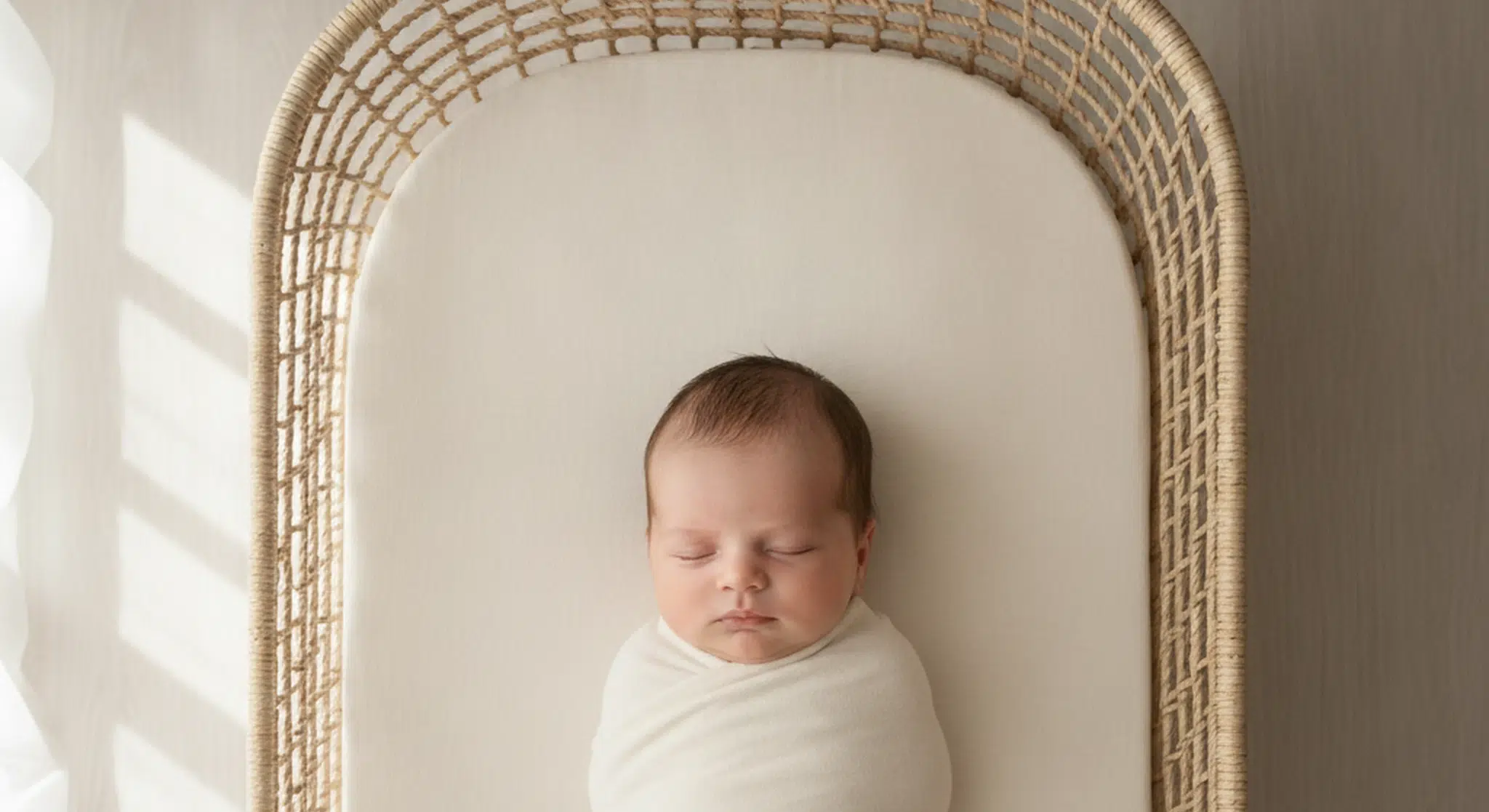 Newborn sleeping safely on their back, swaddled in a bare bassinet