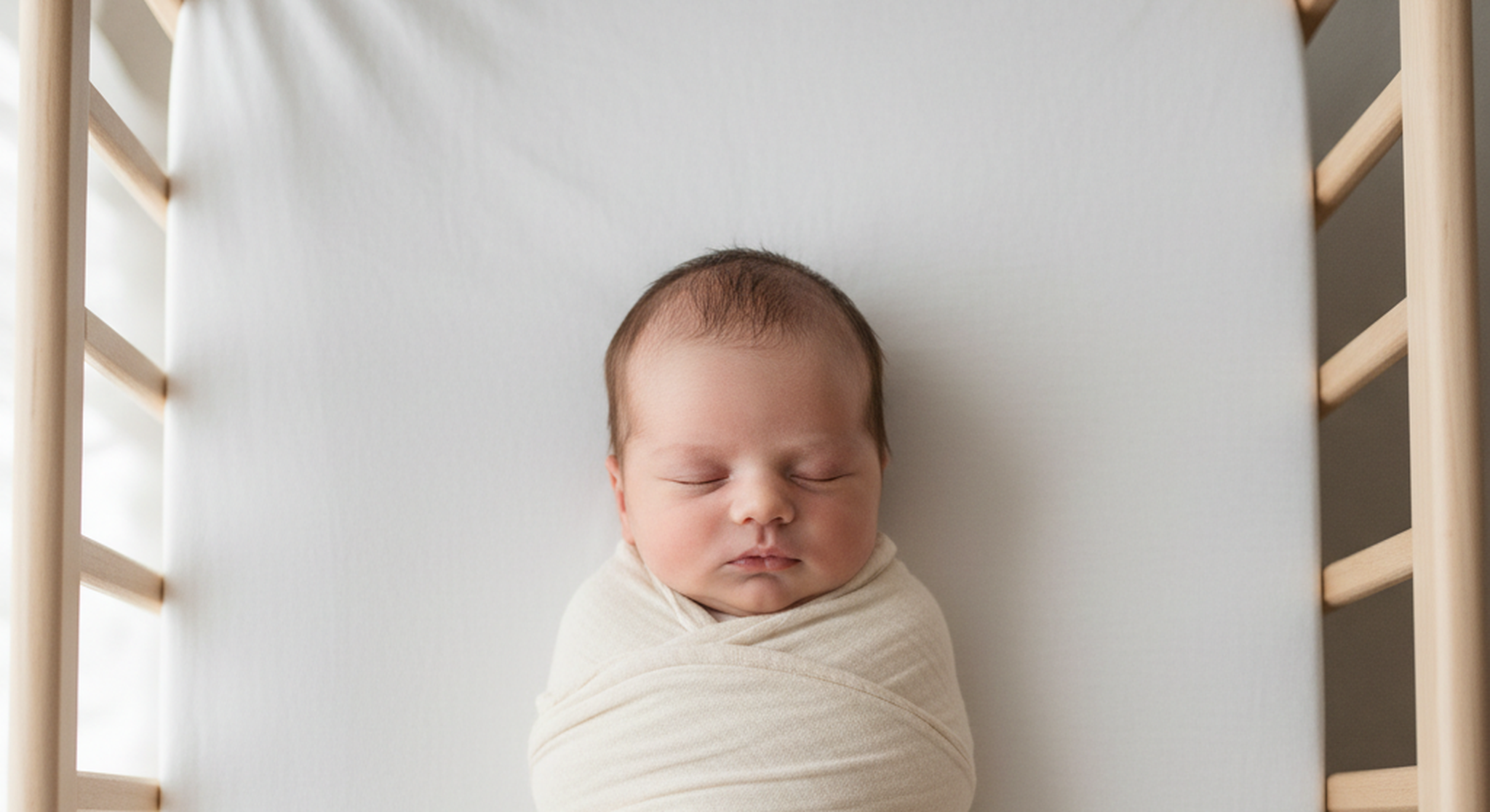 Newborn sleeping on their back, swaddled, in a bare safe bassinet