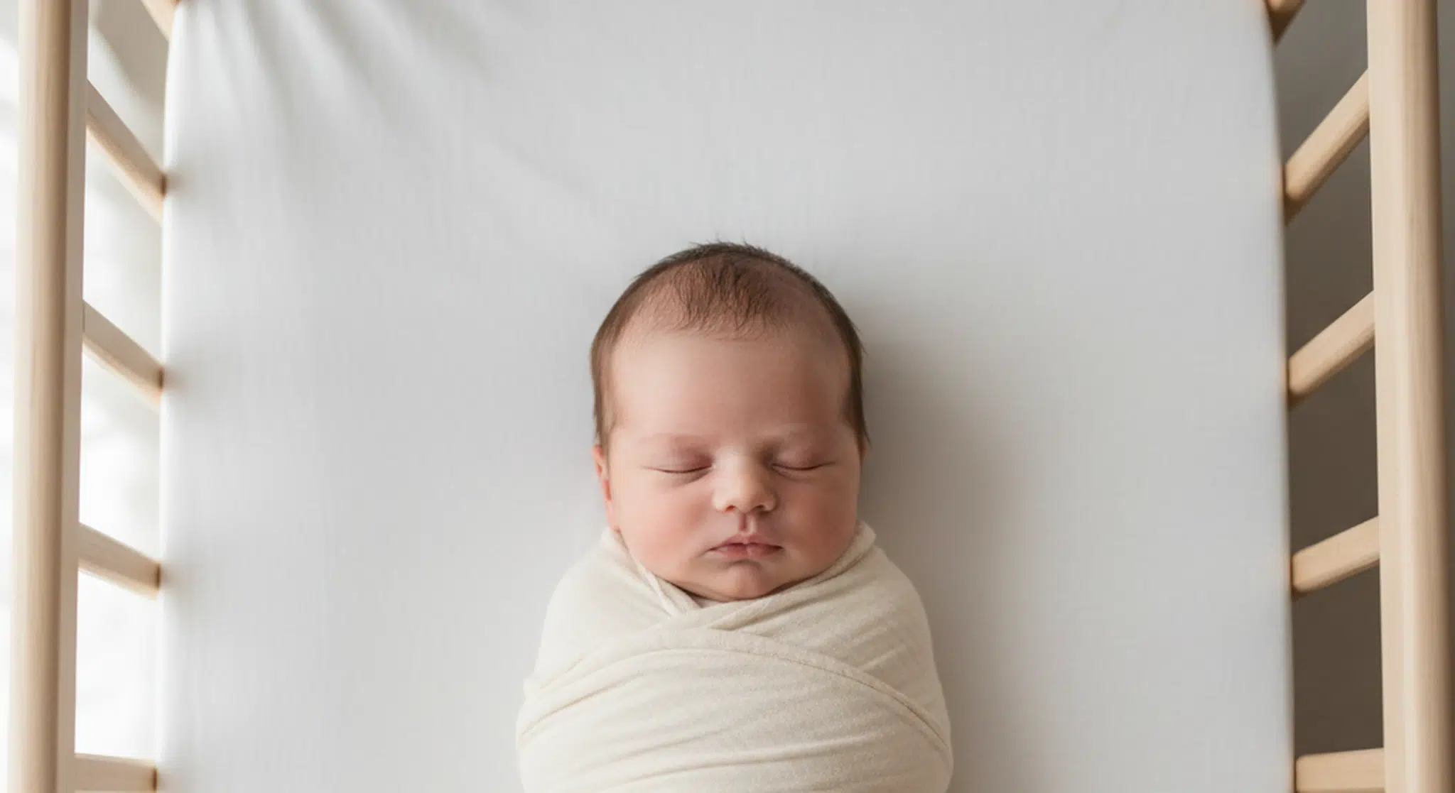Newborn sleeping on their back, swaddled, in a bare safe bassinet