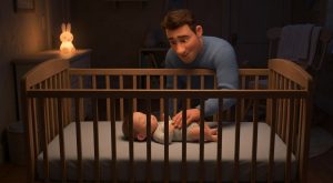 Parent gently reassuring a baby settling on their back in an empty crib at night without a bottle, for a guide to night weaning