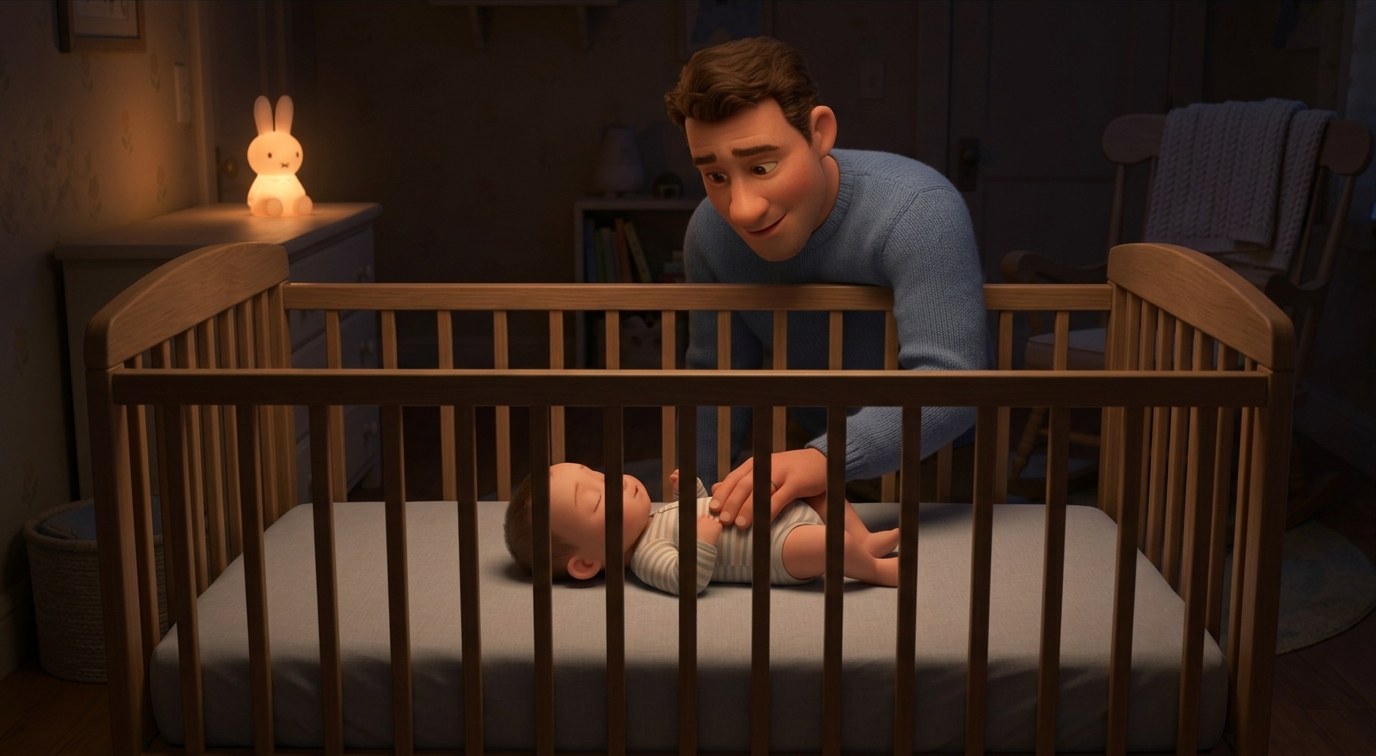 Parent gently reassuring a baby settling on their back in an empty crib at night without a bottle, for a guide to night weaning