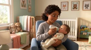 Parent giving a baby a bottle held nearly horizontal in a semi-upright hold, demonstrating paced bottle feeding technique