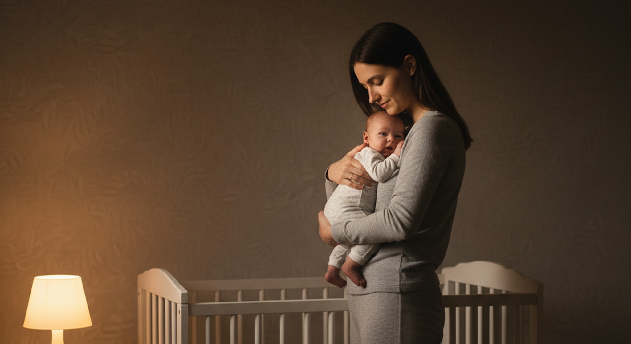 A parent gently lifting an awake baby from a bare crib to soothe them at night