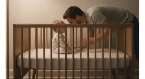 Parent reassuring an awake baby in a bare crib at night