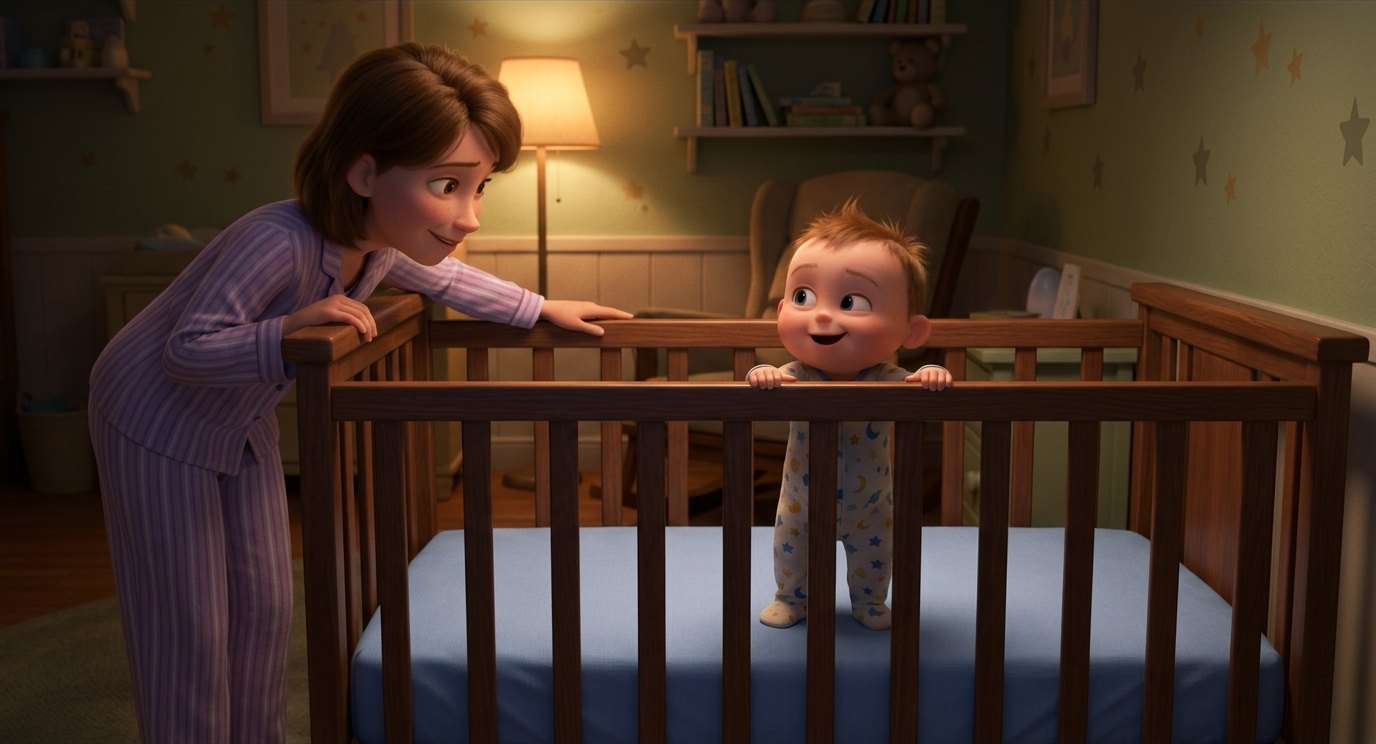 Wide awake baby standing in a crib at night while a patient parent reassures them, for a guide to sleep regression ages