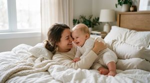 Mother cuddling a smiling baby on a white bed in a bright bedroom, joyful moment between them.