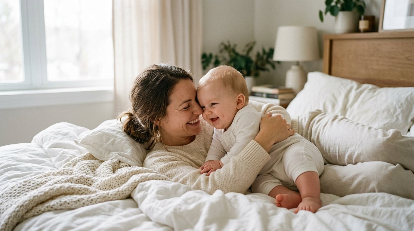 Mother cuddling a smiling baby on a white bed in a bright bedroom, joyful moment between them.