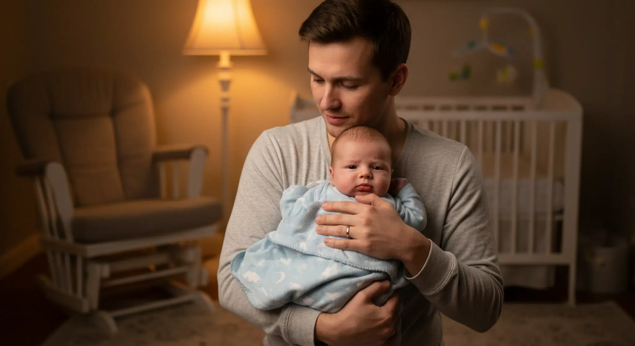 Father gently holding a newborn in a warmly lit nursery, crib visible in the background
