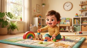 Wake Windows by Age | Betteroo Happy alert baby playing on a mat during awake time with a clock in the background, for a guide to wake windows by age