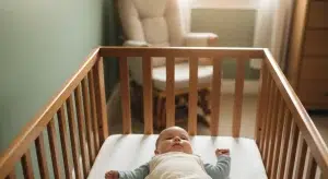 Baby in a sleep sack lying on their back in a bare safe crib