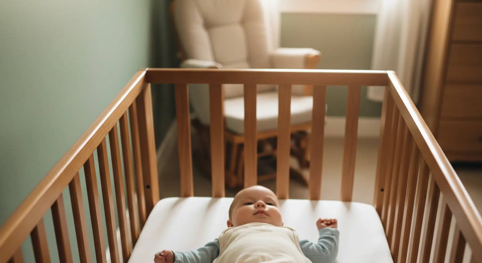 Baby in a sleep sack lying on their back in a bare safe crib