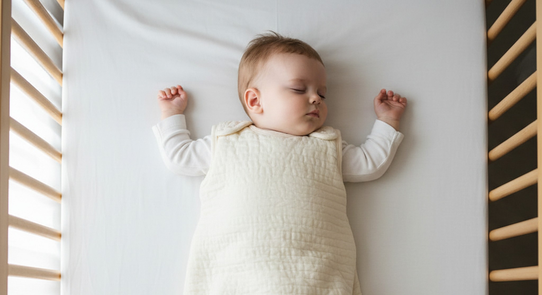 A one year old sleeping on their back in a bare safe crib wearing a sleep sack