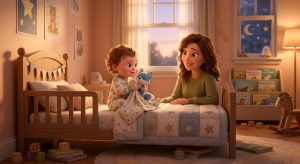 Toddler cuddling a small comfort blanket and plush lovey at bedtime with a parent nearby, for a guide on when a baby can have a lovey