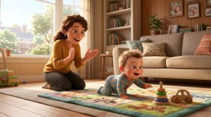Happy baby crawling on hands and knees across a play mat toward a toy while a parent cheers, for a guide on when babies crawl
