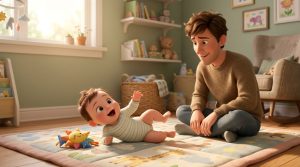 Baby rolling over on a play mat while a parent watches nearby, for a guide on when babies roll over