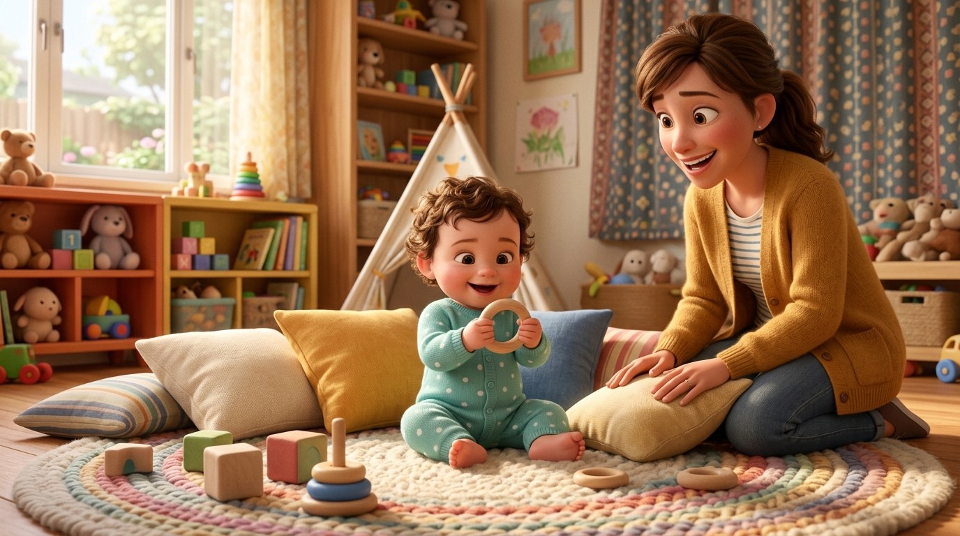 Baby sitting up unassisted on a rug holding a toy with cushions around them and a parent nearby, for a guide on when babies sit up
