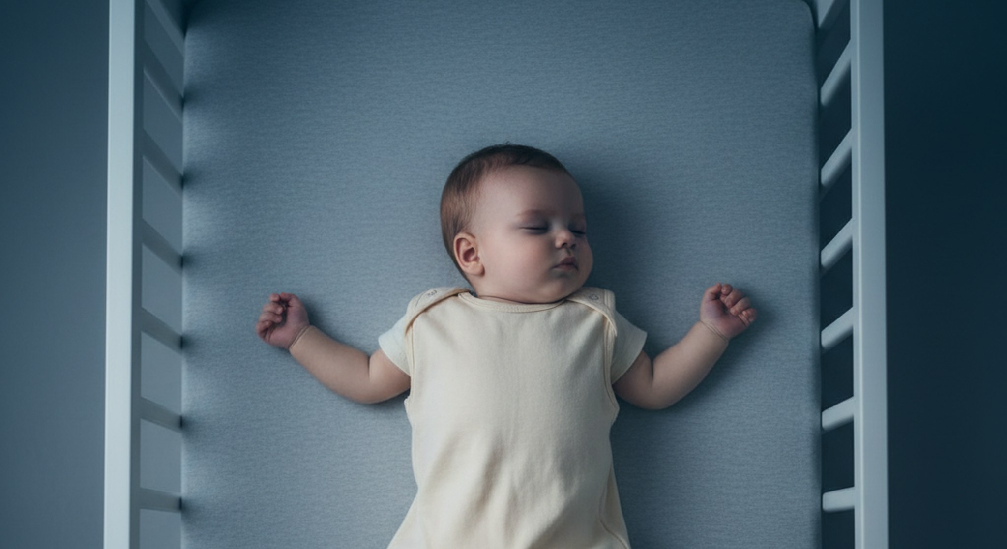 Sleeping baby on their back in a cream onesie in a blue crib.