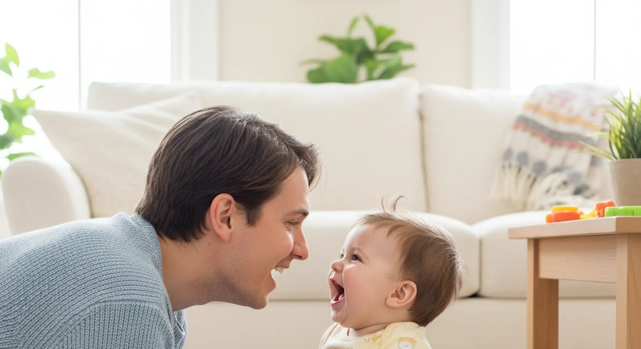 Smiling baby babbling and interacting face to face with a parent
