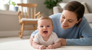 A smiling two month old cooing up at a parent on a play mat