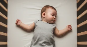 Baby sleeping peacefully on their back in a bare crib