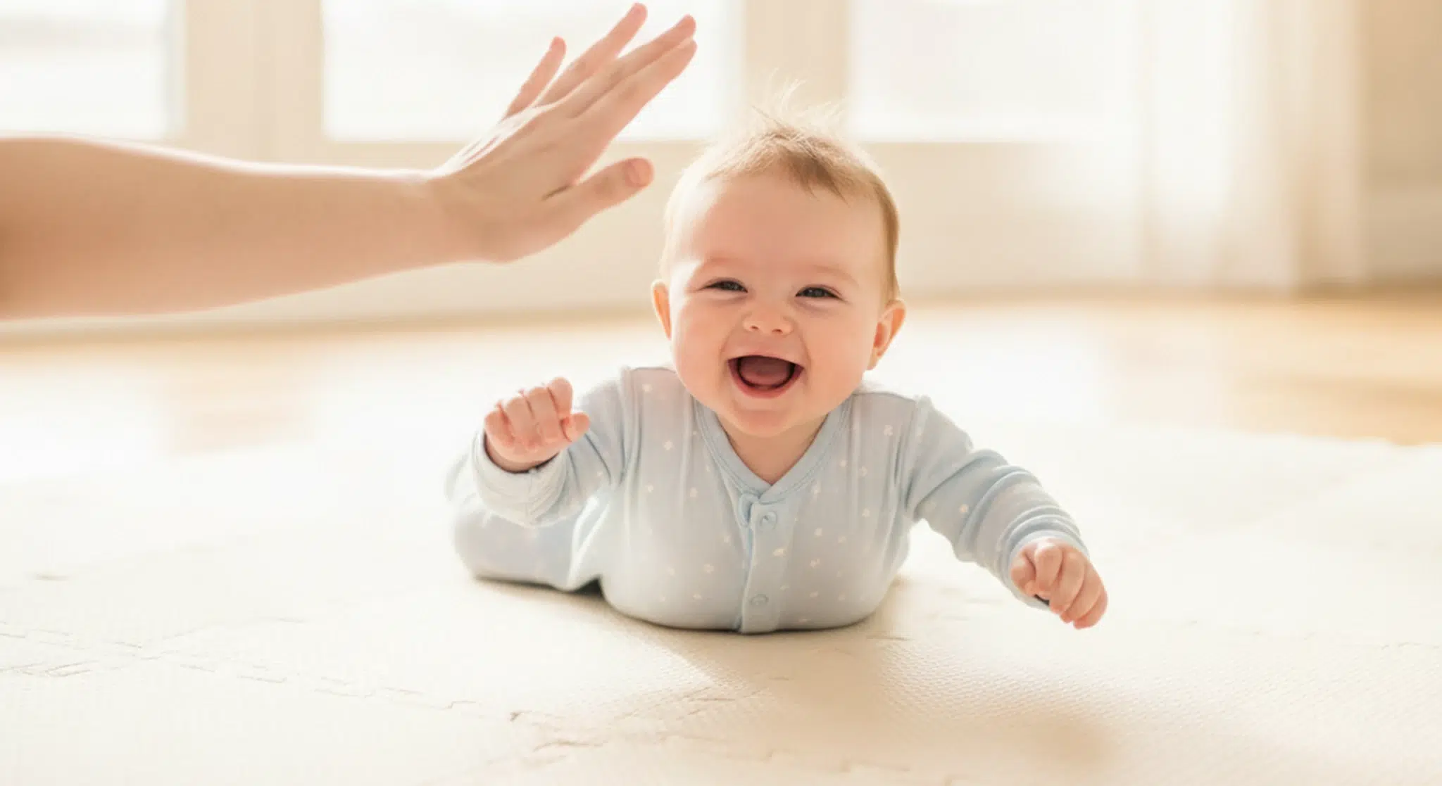 Smiling awake baby lying on their back in a bare crib during the day