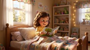Wide awake preschooler looking at a picture book during quiet time in bed, for a guide on when kids stop napping