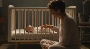 A calm parent sitting beside a crib gently comforting an awake baby in a dim nursery at night