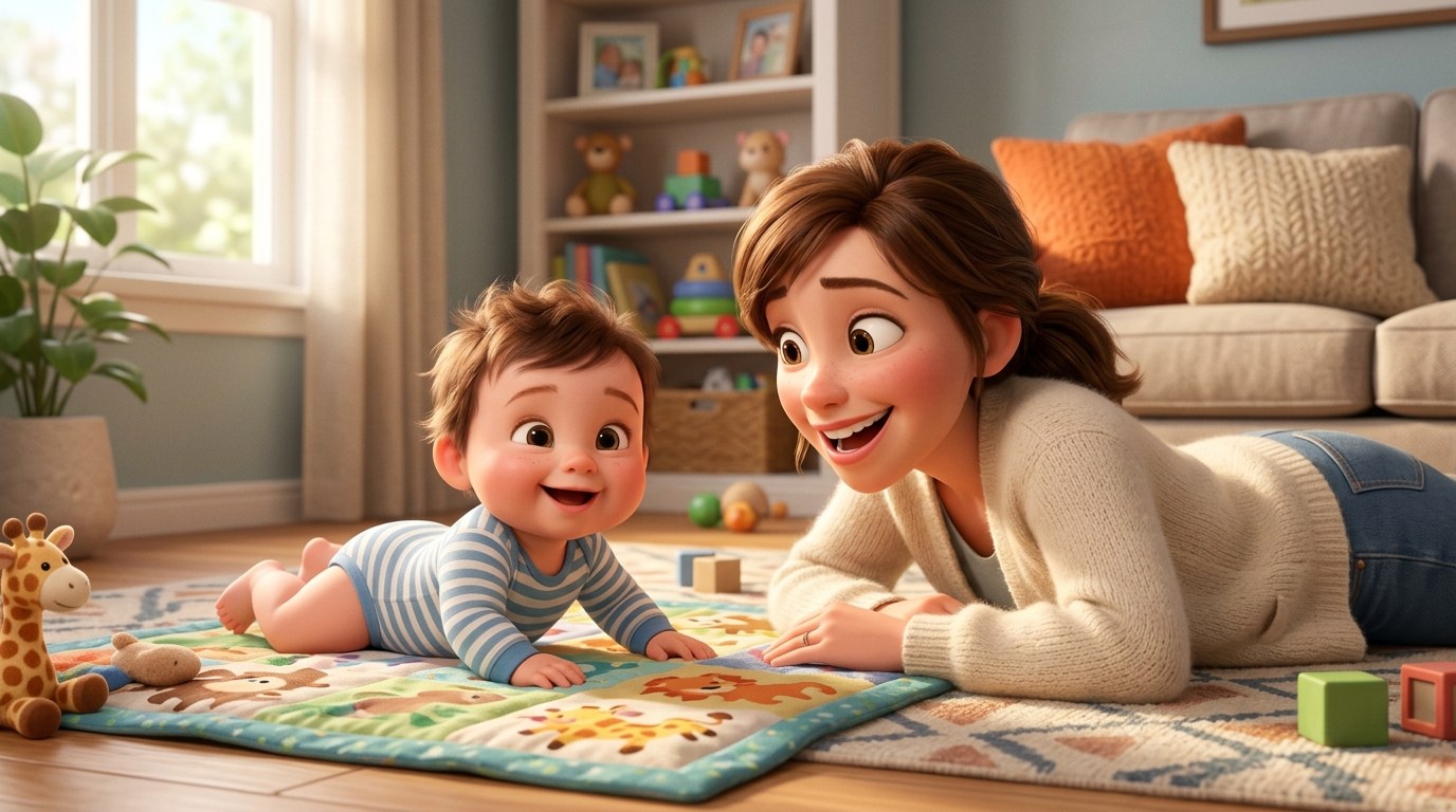 Baby doing tummy time on a mat pushing up on their arms while a parent lies at eye level, for a guide on when to start tummy time