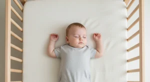 Baby sleeping on their back with arms up in a bare crib