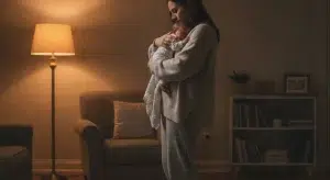 Calm parent gently soothing a fussy awake newborn in the evening