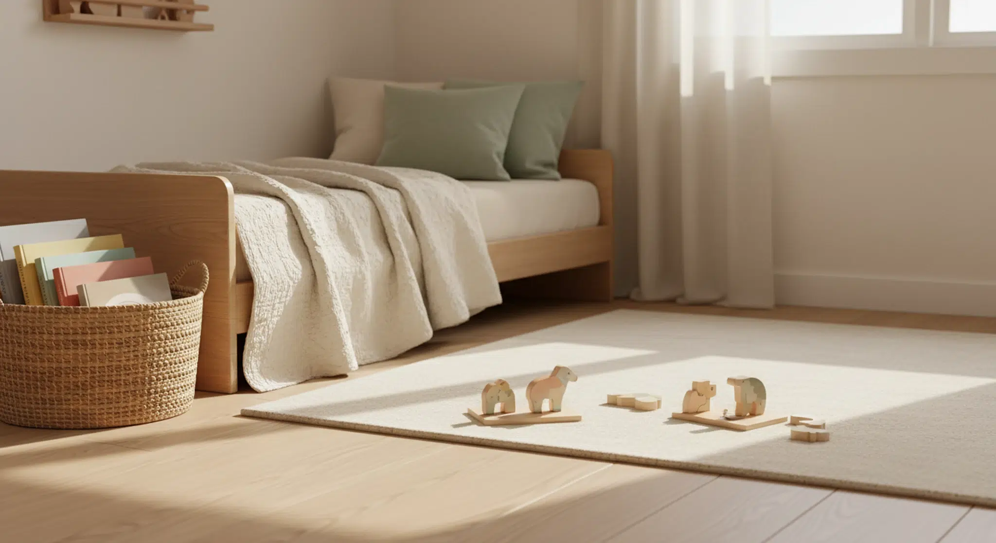 Toddler room set up for quiet time with a low bed, a basket of books, and soft afternoon light