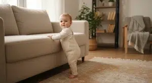 10 month old baby pulling up to stand while holding the edge of a light-colored sofa