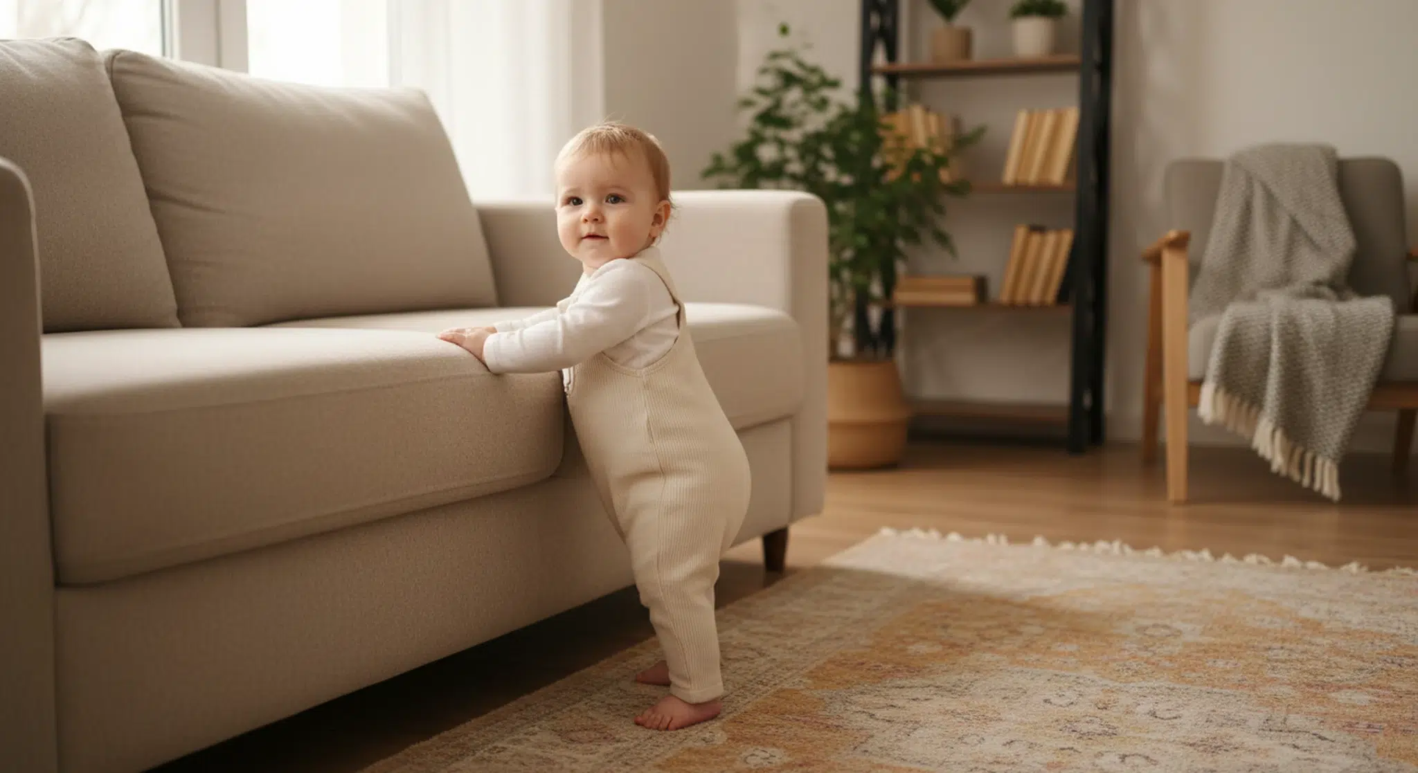 10 month old baby pulling up to stand while holding the edge of a light-colored sofa