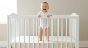 Awake Smiling 10 Month Old Baby in a Bare Safe Crib in Daylight | Betteroo Awake, smiling 10 month old baby in a bare, safe crib in daylight