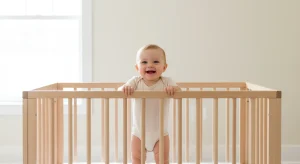 Awake Smiling 11 Month Old Baby in a Bare Safe Crib in Daylight | Betteroo Awake, smiling 11 month old baby in a bare, safe crib in daylight