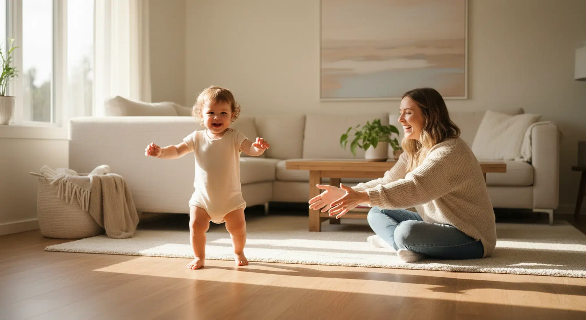 One year old taking wobbly first steps toward a parent's outstretched hands in a sunny living room