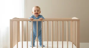 Awake, smiling 12 month old baby in a bare, safe crib in daylight