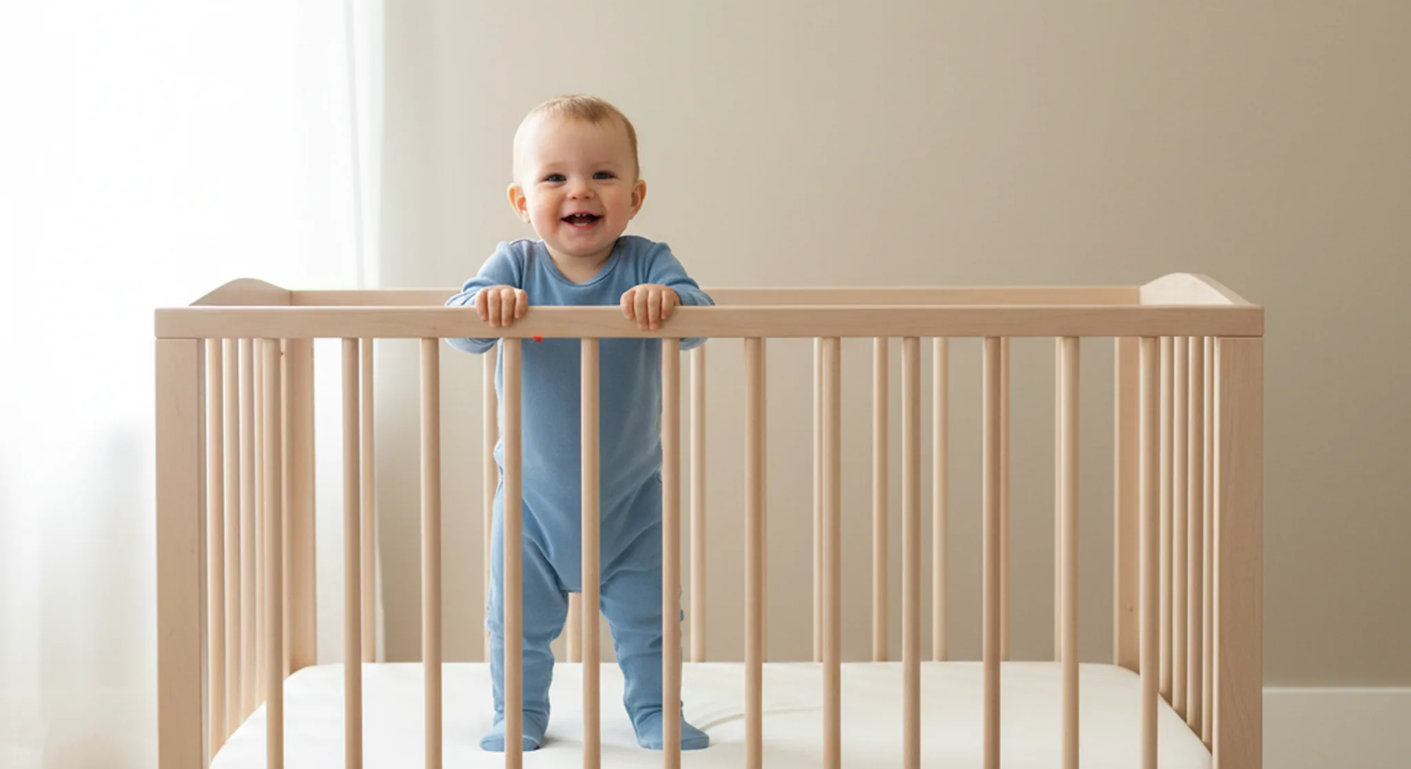 Awake Smiling 12 Month Old Baby in a Bare Safe Crib in Daylight | Betteroo Awake, smiling 12 month old baby in a bare, safe crib in daylight