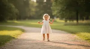 Toddler girl walking on a park path pushing a small wooden toy on a sunny day