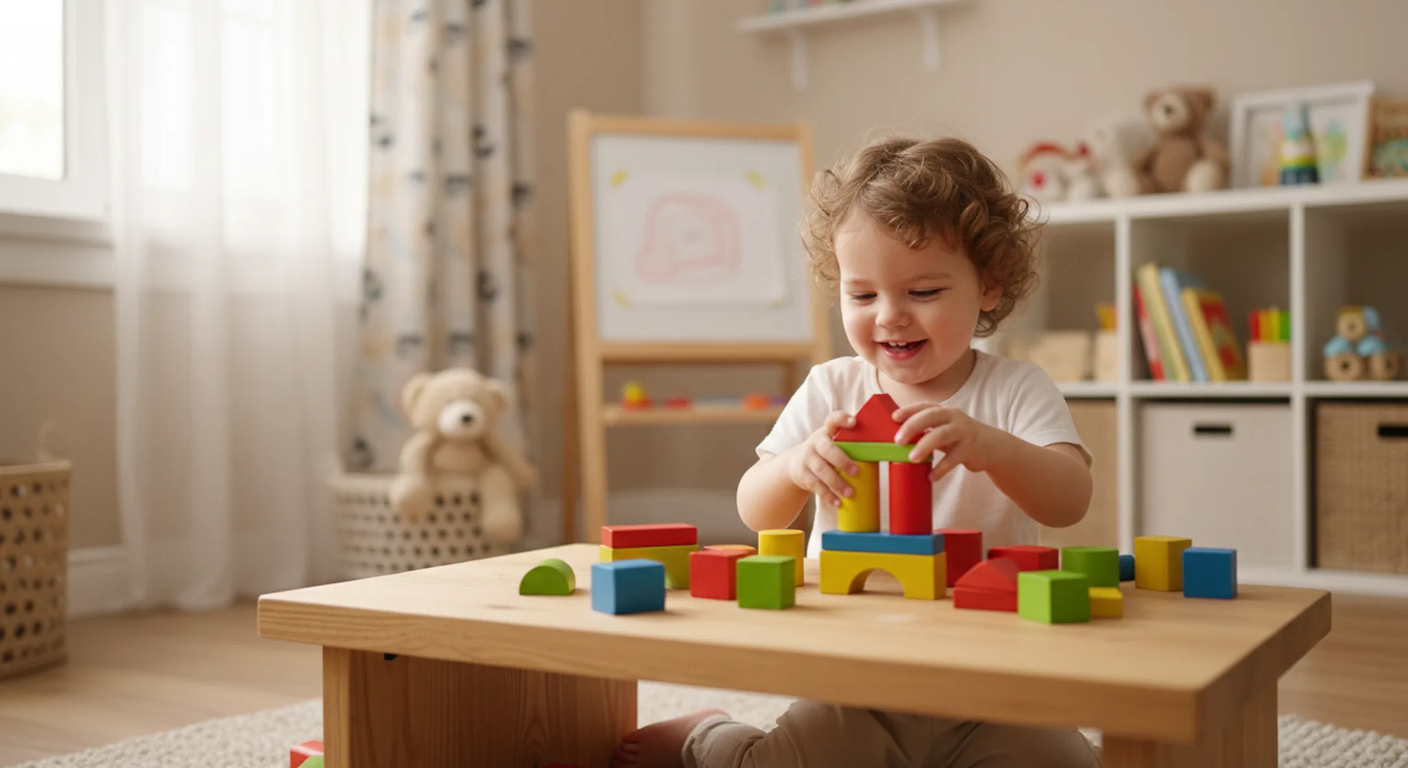 16 month old toddler stacking wooden blocks at a low table