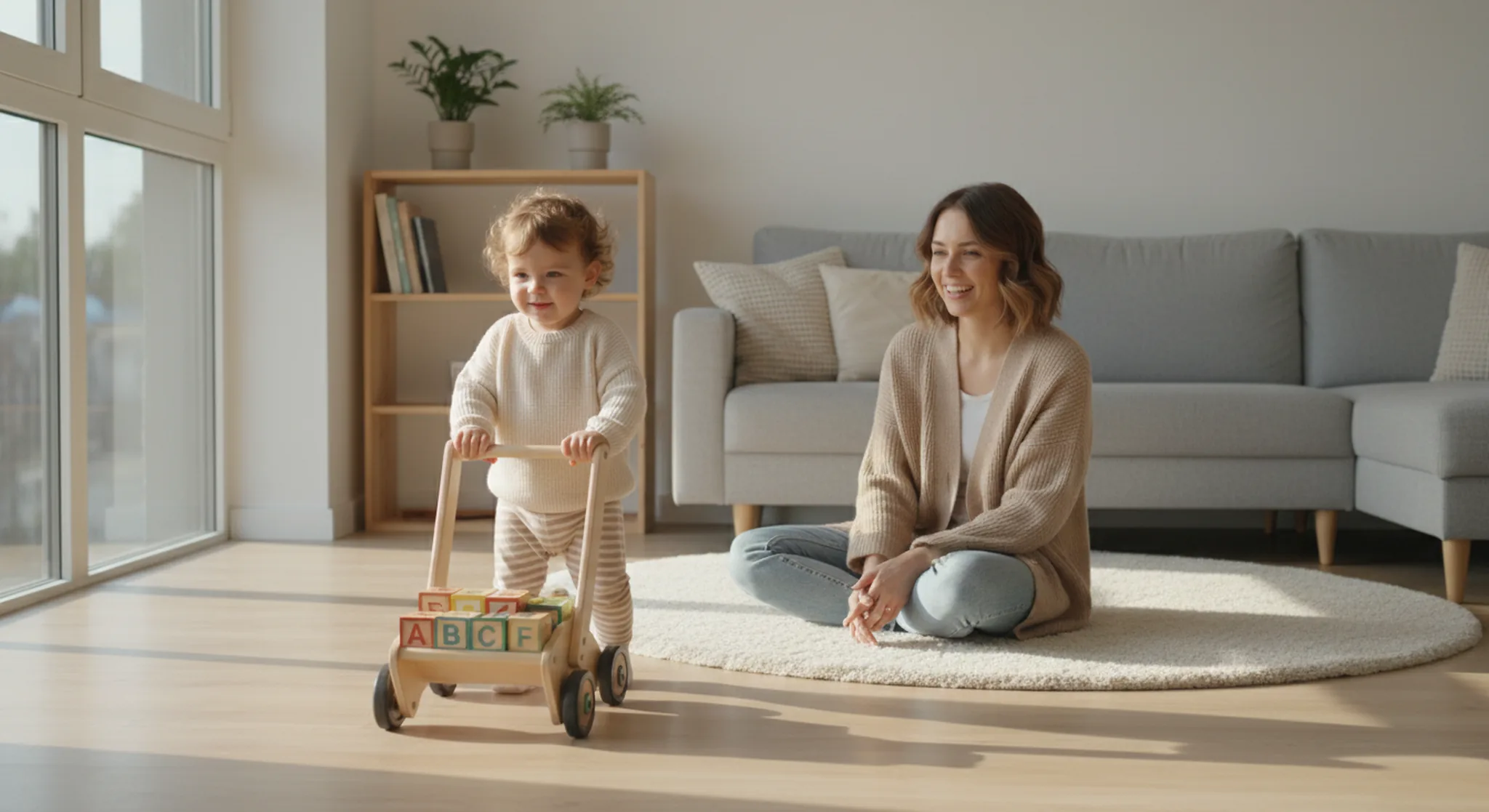 Toddler pushes a wooden walker with ABC blocks as a woman sits smiling on a rug in a bright living room.