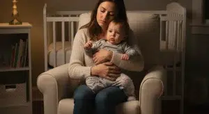 Tired parent gently soothing an awake 19 month old toddler at night in a dim nursery