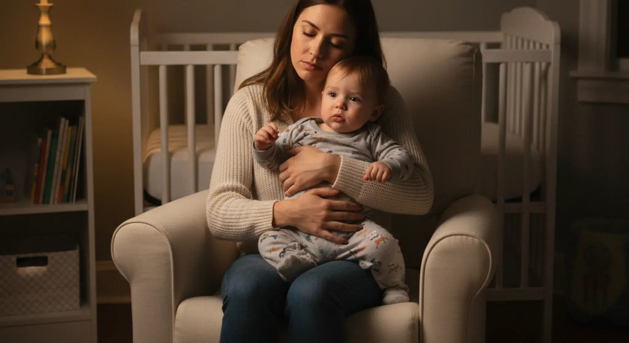 Tired Parent Gently Soothing an Awake 19 Month Old Toddler at Night in a Dim Nursery | Betteroo Tired parent gently soothing an awake 19 month old toddler at night in a dim nursery